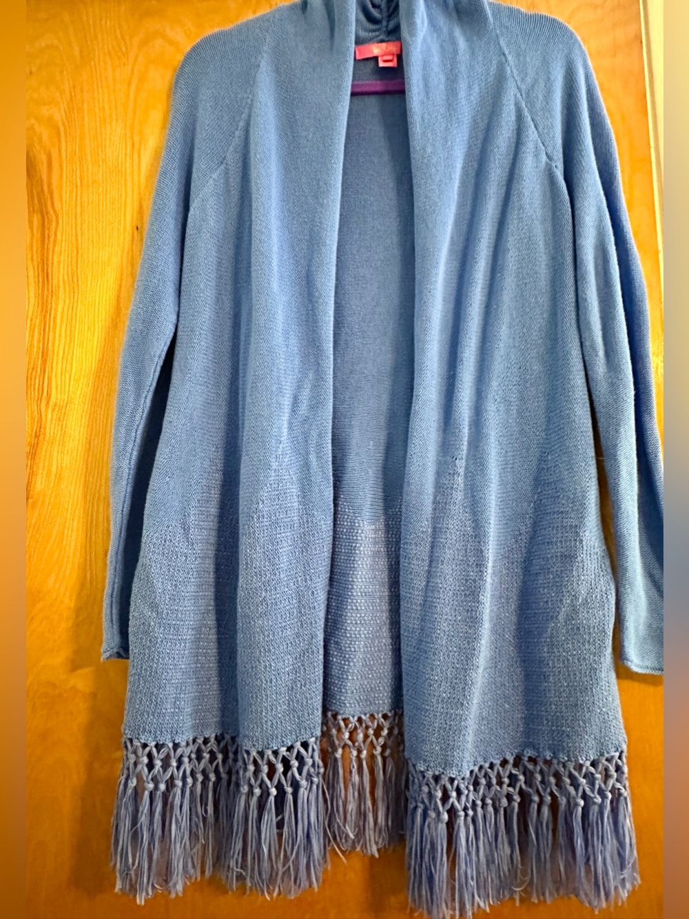 Lilly Pulitzer Medium Blue Peri Tatum Cardi with scallop pattern, perfect fringe